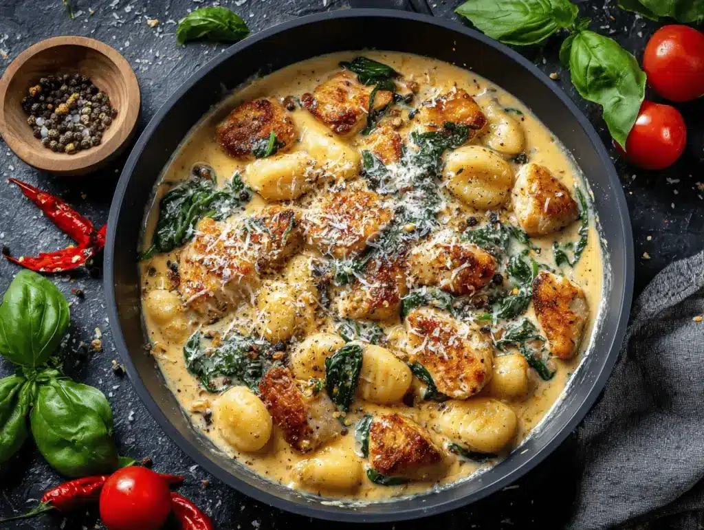 creamy garlic chicken gnocchi skillet - featured image