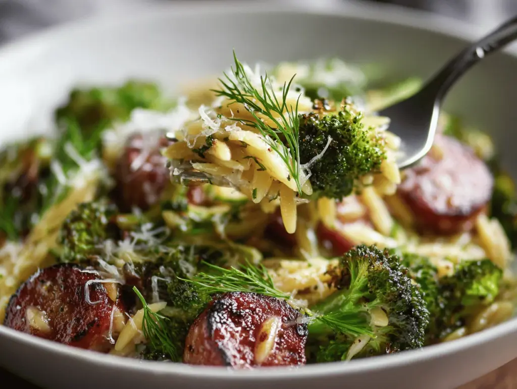 sausage broccoli orzo bowl - featured image